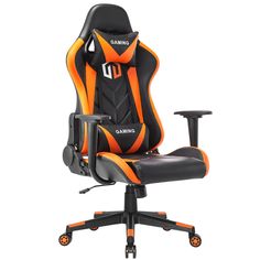 an orange and black gaming chair with wheels on the back, in front of a white background