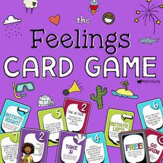 the feelings card game is shown in front of a purple background with cartoon characters and speech bubbles