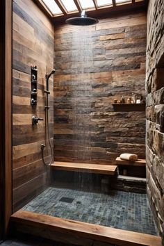 a bathroom with stone walls and wooden flooring, along with a walk in shower