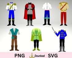 several different types of costumes for men in various colors, sizes and styles with the text png