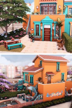 two different views of the same house from each side, one in orange and one in teal