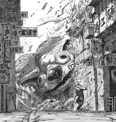 an ink drawing of a giant monster in the middle of a city with people walking by