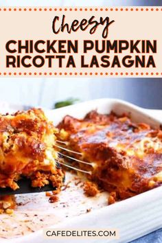 chicken pumpkin ricotta lasagna in a casserole dish with a fork