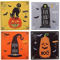 four halloween themed coasters with black cats and pumpkins