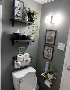 a white toilet sitting inside of a bathroom next to a wall mounted shelf filled with potted plants