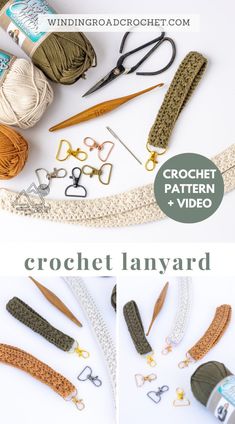 the crochet lanyard pattern is shown with scissors, yarn and other items