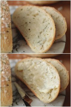 three different views of bread on a plate