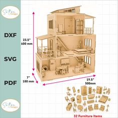 a wooden doll house with furniture and accessories for it's size scale, including the floor plan