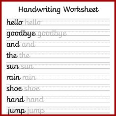 handwriting worksheet with the words hello, goodbye and the sun in red frame