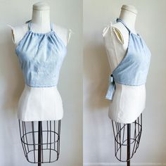 CURRENTLY OUT OF TOWN / THIS WILL SHIP AFTER OCTOBER 19TH. ENJOY 30% OFF - DISCOUNT ALREADY TAKEN!  Vintage handmade light wash denim halter top with self tie back. Era✦ 1970s Material✦ cotton denim, no stretch  Closure✦ self tie  Condition✦ some wash wear and spots on front. (cleaned & comes from a smoke-free home) ✂Measurements: Please do not go by its original tag size. Always go by the measurements listed below!!taken flat and doubled. Fits like women's XS.  top of bodice panel: 10" across Casual Denim Fitted Halter Top, Casual Denim Halter Neck Top, Fitted Denim Halter Top For Spring, Cotton Halter Neck Top For Day Out, Fitted Cotton Denim Top For Summer, Blue Tie-back Halter Top For Spring, Blue Tie Back Halter Top For Spring, Spring Blue Halter Top With Tie Back, Fitted Light Blue Denim Top For Summer