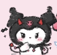 a drawing of a cat with horns and hearts on it's head, sitting in front of a pink background