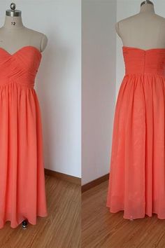 two pictures of a dress on a mannequin stand, one in orange and the other in pink