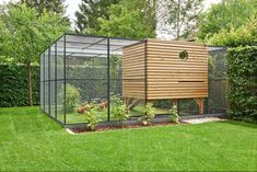 a chicken coop in the middle of a yard with grass and plants around it, surrounded by trees