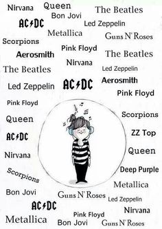 a poster with the names of different musical groups in it's own words and pictures