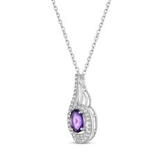 Up your style factor with this shimmering necklace. Created in sterling silver, this swirl pendant combines an oval-cut amethyst with ribbons of round-cut white lab-created sapphires in an unforgettable look. The pendant suspends along an 18-inch cable chain that secures with a lobster clasp. Silver Oval Birthstone Necklace For Anniversary, Elegant Purple Oval Pendant Necklace, Purple Oval Pendant Necklace For Anniversary, Elegant Oval Silver Birthstone Necklace, Oval Purple Necklace For Anniversary, Purple Oval Necklace For Anniversary, Purple Oval Necklaces For Anniversary, White Lab, Necklace Clasps