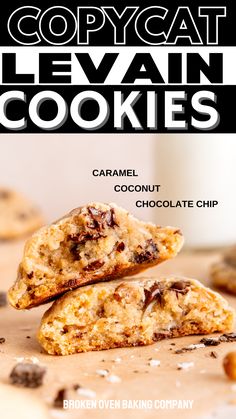 the front cover of copycat levan cookies, with chocolate chips and crumbs