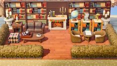 a living room filled with furniture and bookshelves next to the ocean in an animated style