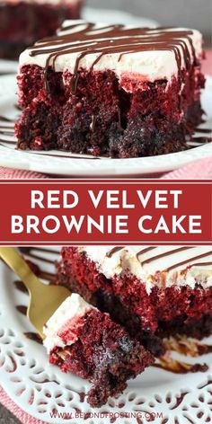 red velvet brownie cake with white chocolate drizzle on top