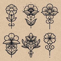 six flower designs drawn in black ink on brown paper, each with different shapes and sizes