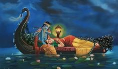 a painting of two people in a boat with an elephant on the water and a lamp above them