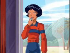 an animated woman brushing her teeth in front of a window with mountains and palm trees