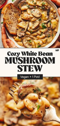 the cover of cozy white bean mushroom stew is being held up by a fork and spoon