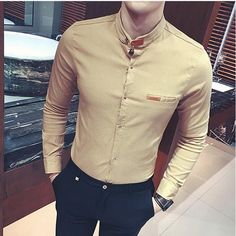 Slim Fit Solid Color Dress Shirt - Men & women apparel Larger Size Fashion, Smart Casual Shirts, Collarless Shirt, Mens Fashion Smart, Mens Spring Fashion, Solid Color Dress, Shirt Dress Casual, Fashion Business, Color Dress