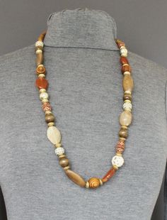 -lightweight wood bead necklace -30" long necklace plus 3" extender -brown, cream, tan, orange, gold tone beads Wood Necklace Men, Burgundy Earrings, Peace Sign Necklace, Wooden Bead Necklaces, Wood Bead Necklace, Gold Bead Necklace, Wooden Necklace, Chunky Beads, Wood Necklace