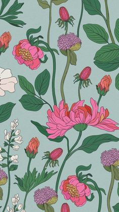 an image of flowers and leaves on a blue background with pink, red, white and green colors