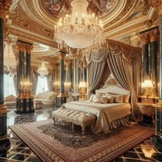 a fancy bedroom with chandelier, bed, and couches in gold colors