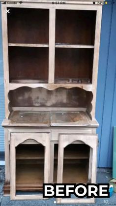 an old wooden china cabinet with glass doors before and after painting it white or brown