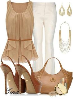 Chic Tan & Cream Outfit Chique Outfits, Komplette Outfits, Fashion Mode, Work Attire, Mode Inspiration, White Pants, Work Fashion, Kate Middleton