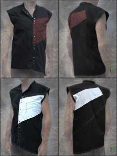 "It's real out there :-) ~ asymmetric button shirt ~ with no sleeves and stand-up collar, ~ triple snaps formation closure front, ~ 2 front zipper pockets on the left side, ~ cut fabric at the shirt tail hem. all shirts made from: 100% finest cotton fabric Photos: 1. black 2. walnut-choco 3. choco-walnut 4. chestnut-gold 5. light brown 6. black-walnut 7. black-white 8. green-olive 9. olive 10. purple 11. navy Chest size: best fit in inches S: 34\" - 36\" M: 36.5\" - 38.5\" L: 39\" - 42\" XL: 42. Cotton Festival Tops With Buttons, Festival Cotton Tops With Buttons, Black Cotton Vest With Buttons, Fitted Gothic Shirt For Alternative Fashion, Fitted Shirt For Alternative Fashion, Fitted Alternative Style Shirt For Alternative Fashion, Fitted Alternative Fashion Shirt, Edgy Fitted Shirt For Alternative Fashion, Fitted Alternative Style Shirt