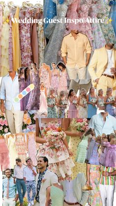 wedding guest insp / attire collage with images of people in dresses and grooms