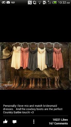 four dresses hanging on a clothes rack with cowboy boots