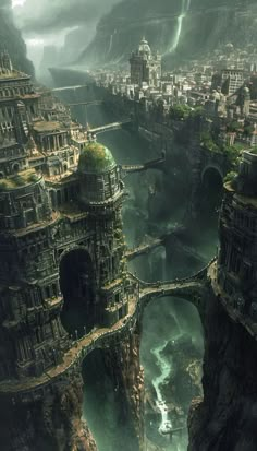 a futuristic city on top of a cliff in the middle of a river and mountains