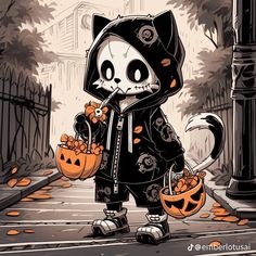 a cartoon cat dressed as a skeleton with pumpkins in his hand and wearing a hoodie