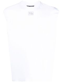 logo-patch sleeveless top from RAF SIMONS featuring white, cotton, logo patch to the front, round neck and sleeveless. White Cotton Tops With Logo Patch, White Classic Crew Neck Tank Top, Summer Cotton Tops With Logo Patch, White Cotton Tank Top With Logo Print, White Sleeveless Top With Logo Print, Classic White Cotton Tank Top, Raf Simons, Cotton Logo, Curator Style