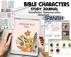 the bible characters study journal is displayed on a tablet with other notes and stickers