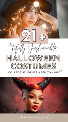 two different halloween costumes with text overlays that reads 21 + totally fun and friskable halloween costumes college students need to copy