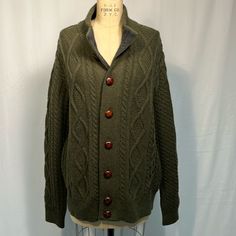 Barbour Cable Knit Olive Green Sweater Size Large Excellent Condition Leather Buttons Lamb’s Wool Green Merino Wool Long Sleeve Outerwear, Classic Green Textured Knit Sweater, Green Long Sleeve Merino Wool Outerwear, Wool Cable Knit Outerwear For Layering, Classic Green Wool Cardigan, Wool Cable Knit Cardigan For Layering, Classic Green Knitted Sweater, Merino Wool Cable Knit Outerwear For Layering, Cable Knit Merino Wool Outerwear For Layering