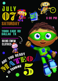 an image of a birthday party flyer with a cartoon character on the front and back