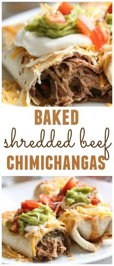 baked shredded beef burritos with guacamole and salsa