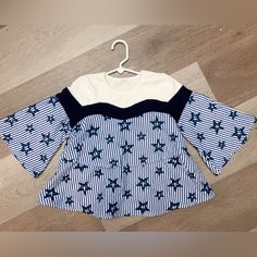 New Without Tags, Interior Label Has Been Cut. Fit For 5 Years Old. Shoulder To Bottom Is About 17 Inches Pit To Pit Is About 14 Inches Blue Cotton Star Print Tops, Embroidered Stars, Star Top, Kids Shirts, Final Sale, For Girls, Shirts Tops, Blue White, Blue And White