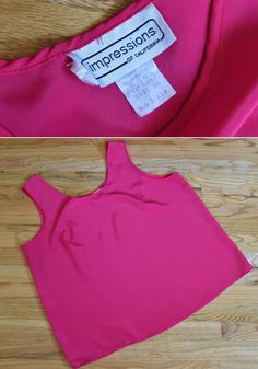 "#106 This 80's/90's tank blouse is light and bright! Tag: Impressions of California -Made in USA -Tag says size 40, which seems best up to an XL (please see measurements) -100% polyester, light in solid bright hot pink -This tank blouse is made to slip on without closures. -Overall, great vintage condition with no holes or rips, but there are a few faint marks pictured. Please see photos! Feel free to message me with questions! Measurements Taken While Flat (multiply x2): Fabric does not stretc 90s Pink Sleeveless Top, 90s Style Tank Tops For Summer, 90s Summer Vest Tops, 90s Style Summer Vest Top, Vintage Vest Tops For Summer, Vintage Pink Tank Top For Summer, 90s Style Vest Top For Spring, Vintage Scoop Neck Top For Spring, Vintage Pink Tank Top For Spring