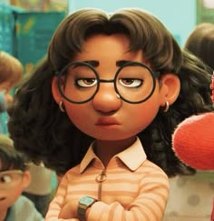 an animated character with glasses standing next to a red teddy bear and other children in the background