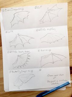 four different types of bats drawn on paper