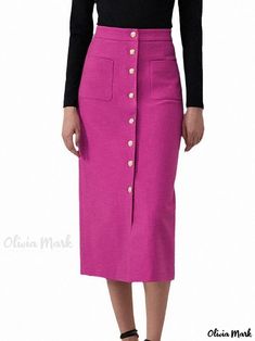 Olivia Mark - High-Waisted Slim Fit Straight Skirt with Chic Design Elements High Waist Pink Skirt For Work, Pink High Waist Skirt For Workwear, Pink High Waist Skirt For Work, Pink Bottoms With Buttons For Fall, Pink Fall Bottoms With Buttons, High-waisted Solid Color Pencil Skirt For Spring, High Waist Solid Color Pencil Skirt For Spring, High Waist Pencil Skirt With Pockets For Spring, Pink Workwear Skirt With Buttons