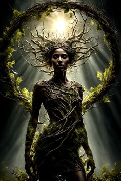 a woman with trees on her head and branches around her body