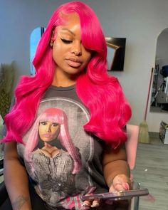 Hot Pink Frontal Wig, Dark Pink Wigs For Black Women, Pink Birthday Hair, Pink Deep Wave Wig, Wig With Pink Highlights, Pink Wig Hairstyles, Hot Pink Wig, Colourful Wigs, Hot Pink Hair